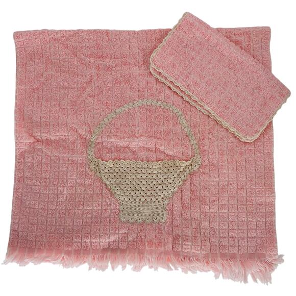 Vintage Bath Towel Set Penny's Pink Fringed Crochet Basket Edging Cotton Gift - Picture 1 of 9